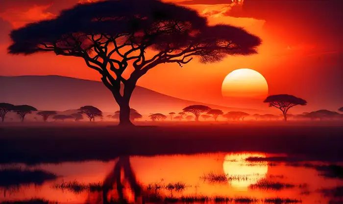 Acacia trees silhouetted against an orange sunset