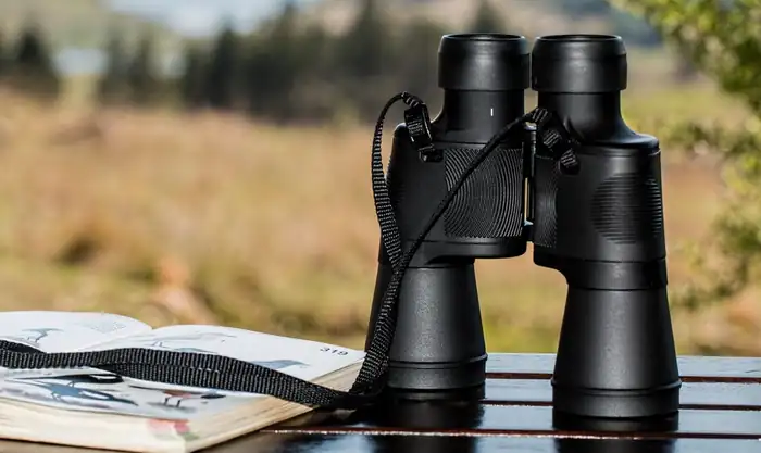 Binoculars and an open field guide on a table outdoors